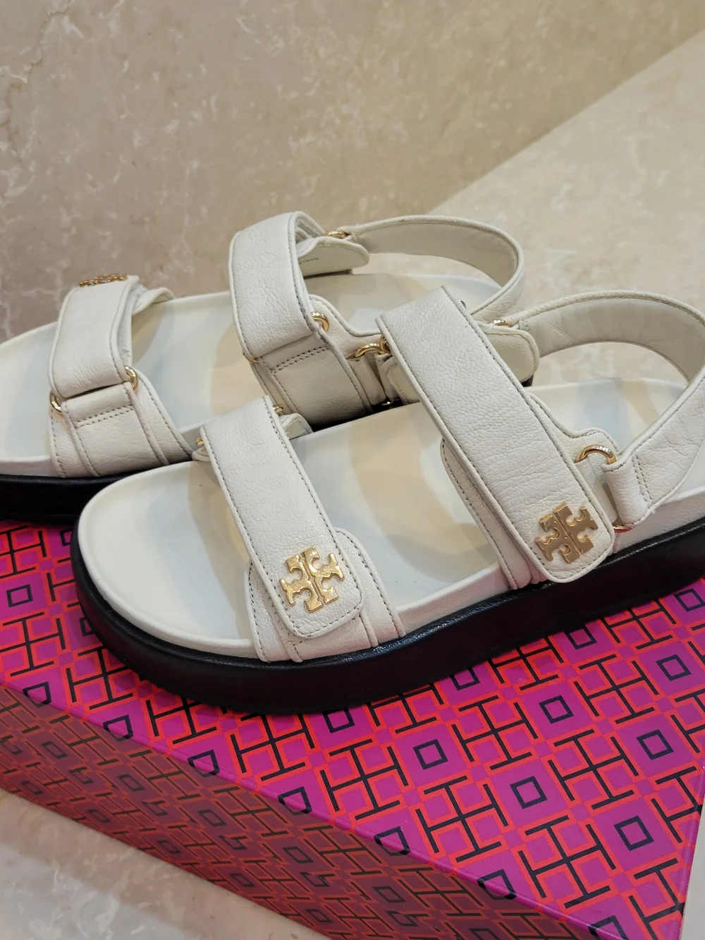 Tory Burch Kira White Sandals with Gold Logo